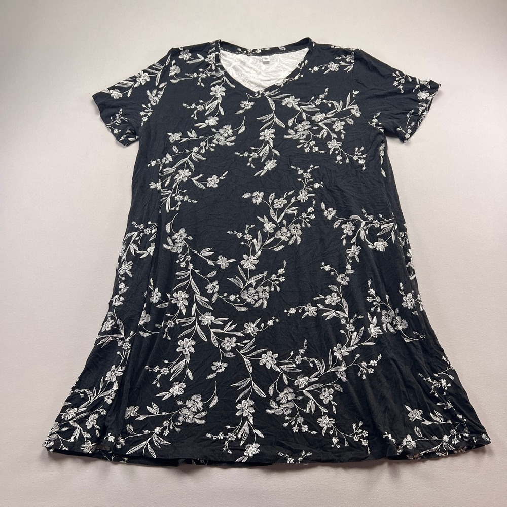 Your Style T Shirt Dress Women 3XL Black White Floral Print Rayon Stretch V Neck